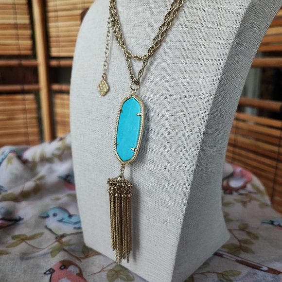 Kendra Scott Necklace Gold Tone Tassel Chain Faux Turquoise FLAW - Picture 5 of 14